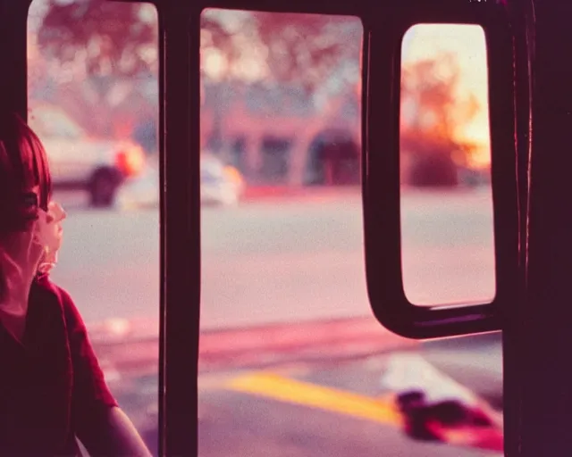 Image similar to lomo photo of shy goth girl sitting in empty bus, sunset, cinestill, bokeh