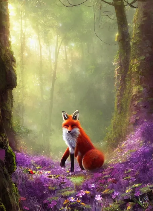 Prompt: Magical fox, sneaking in a forest, fantasy, painting, violet flowers, atmospheric, illustration, low angle, high quality, highly detailed, Marc Simonetti, Andreeva Katerina