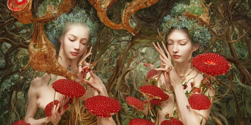 Image similar to breathtaking detailed concept art painting of the goddess of rafflesia arnoldii flowers, orthodox saint, with anxious, piercing eyes, ornate background, amalgamation of leaves and flowers, by Hsiao-Ron Cheng, James jean, Miho Hirano, Hayao Miyazaki, extremely moody lighting, 8K