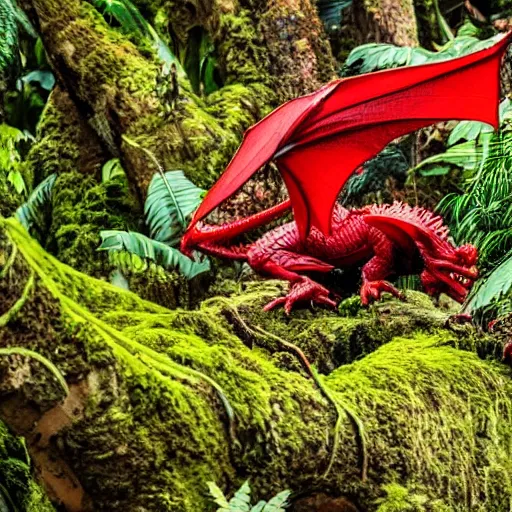 Prompt: a green and red dragon eating in a rain forest