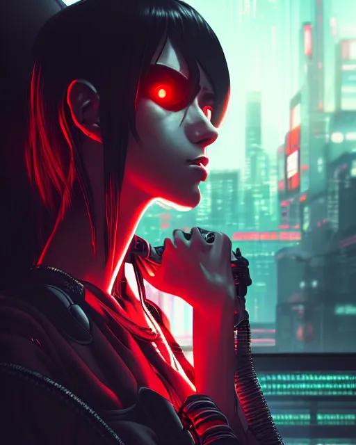 Image similar to a detailed potrait of a cyberpunk cyborg girl with black and red parts, perfect face, realistic shaded perfect face, detailed. night setting. very anime style. realistic shaded lighting poster by ilya kuvshinov katsuhiro, unreal engine, global illumination, radiant light, detailed and intricate environment