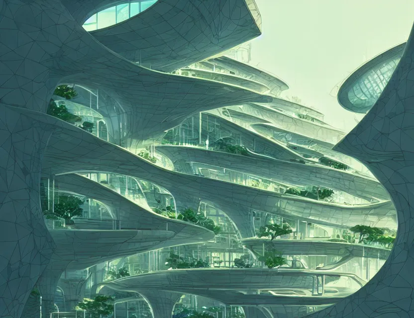 Prompt: beautiful futuristic architecture with organic shapes, plants growing on it. gouache, limited palette, by award - winning mangaka, backlighting, depth of field.