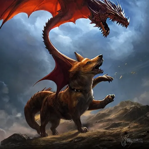 Prompt: corgi fighting a dragon, epic fantasy style, in the style of Greg Rutkowski, mythology artwork