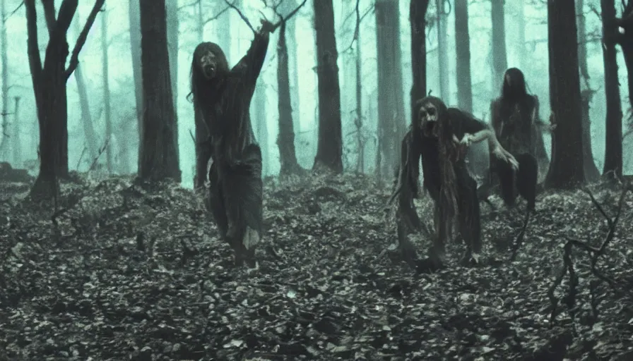 Image similar to 16 mm indie horror film about demons attacking people in the forest