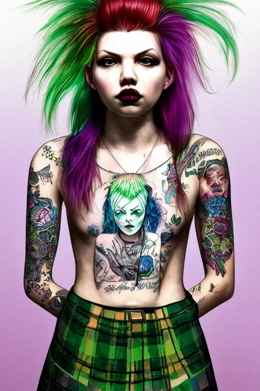 Image similar to portrait of hannah murray as a punk woman with green mohawk, neotraditional tattoos, fishnets, long tartan skirt as delirium of the endless, the sandman, rainbow clothes,, sci - fi, intricate and very very beautiful and elegant, highly detailed, digital painting, artstation, smooth and sharp focus, illustration, art by tian zi and wlop and alphonse mucha