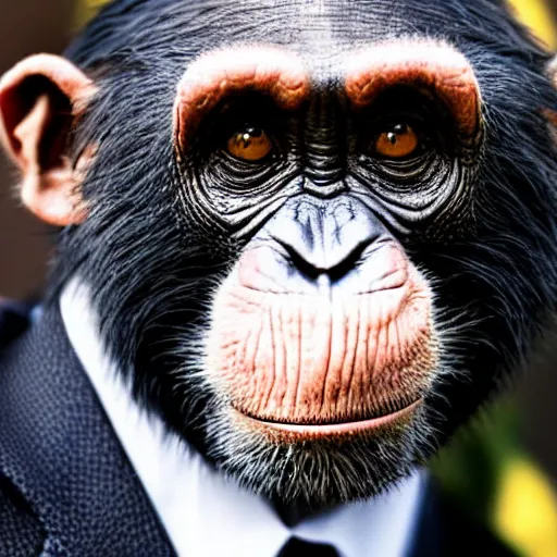 Image similar to a high detail shot of a chimp wearing a suit and smoking