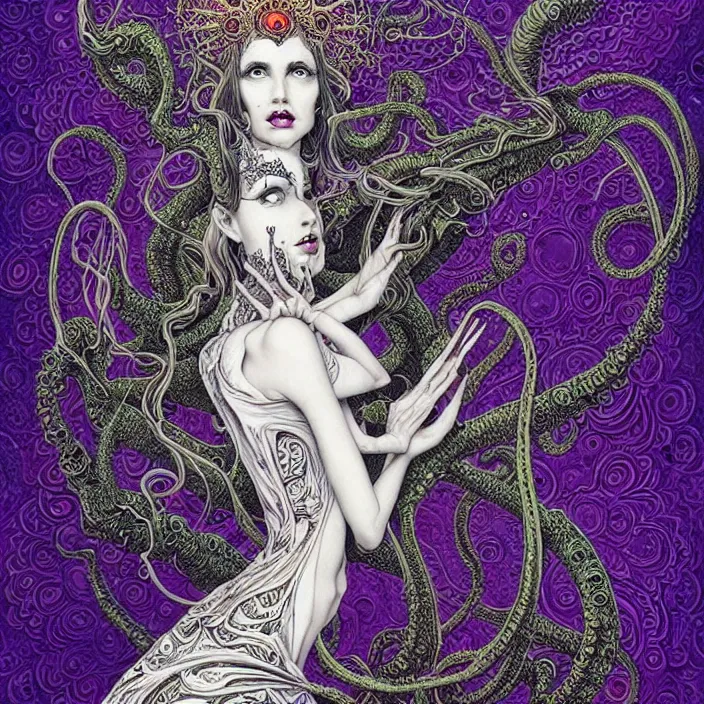 Image similar to depicting a highly detailed beautiful lovecraftian female priestess, in the style of joe fenton, dynamic energetic pose, exuberant organic elegant forms, perfect face, pale skin, by dan hillier : : 1. 4 purple, red, blue, green, black intricate mandala explosions : : intuit art : : turbulent water backdrop : : damask wallpaper : : atmospheric