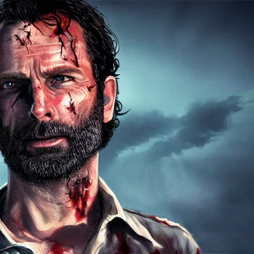 Image similar to rick grimes, the walking dead, zombie, cinematography, fantasy, medieval, vivid colors, elegant, concept art, sharp focus, digital art, Hyper-realistic, 4K, Unreal Engine, Highly Detailed, HD, Dramatic Lighting by Brom