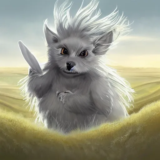 Prompt: a highly detailed painting of a adorable fantasy creature with grey hair in a field concept art
