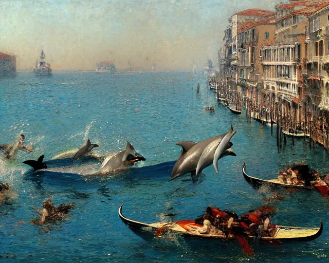 Image similar to dolphins swimming and jumping in venice, painting by gaston bussiere, craig mullins