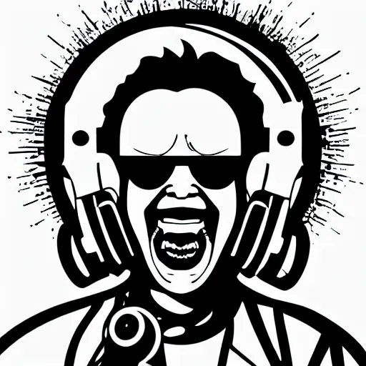 Image similar to svg vector sticker of absolutely insane-mad-scientist-villain, rocking out, wearing headphones, huge speakers, dancing, rave, DJ, spinning records, digital art, amazing composition, rule-of-thirds, award-winning, trending on artstation, featured on deviantart