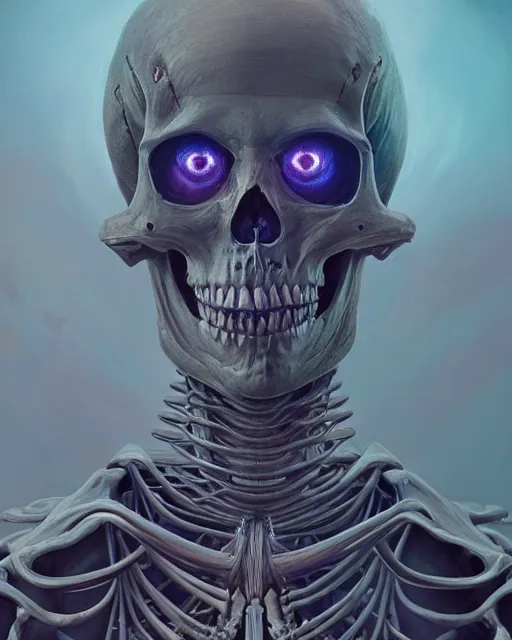 Image similar to highly detailed surreal vfx portrait of a sacred skeleton samurai, stephen bliss, unreal engine, greg rutkowski, loish, rhads, beeple, makoto shinkai and lois van baarle, ilya kuvshinov, rossdraws, tom bagshaw, alphonse mucha, global illumination, detailed and intricate environment