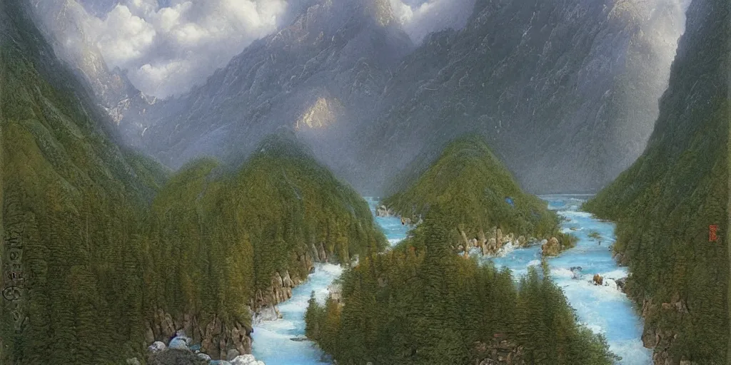 Prompt: art by john howe of the cinematic view of the jiuzhaigou valley forest