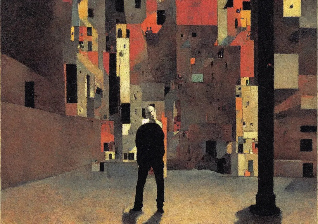 Image similar to a punk latino skinhead following a watchful light through the streets of a city, muted color scheme, sparse detail, by george luks, joan miro and moebius