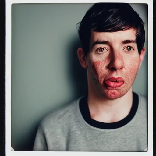Prompt: a professional polaroid portrait photo of a man with an asymmetrical face with his eyes closed. the man has black hair, light freckled skin and a look of panic on his face. british street photo. extremely high fidelity. key light.