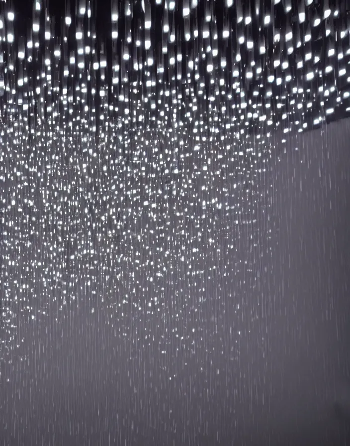 Prompt: high fashion close - up of a slick fashionable zara raincoat floating suspended mid - air over a glittering wet rainy contemporary lighting art installation designed by olafur eliason, james turrell, okuda, shot by denis villeneuve, wes anderson, lily frank, symmetry, rule of thirds