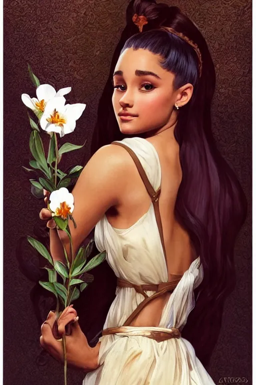 Prompt: beautiful cottagecore Ariana Grande holding a chocolate colored vase. intricate, elegant. the background is chocolate !. highly detailed, digital painting, artstation, concept art, smooth, sharp, focus, illustration. . art by artgerm and greg rutkowski and alphonse mucha