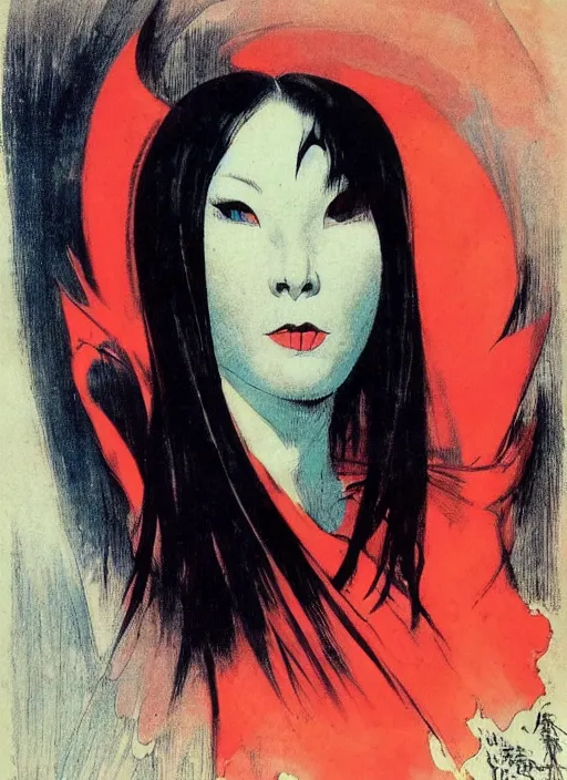 Image similar to portrait of bald korean vampiress, strong line, saturated color, beautiful! coherent! by frank frazetta, high contrast