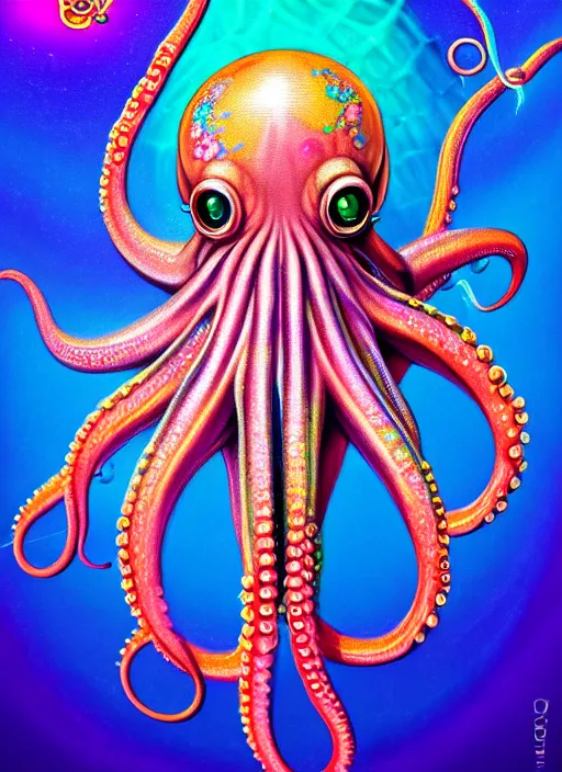 Prompt: beautiful underwater octopus sailormoon demon rainbow accents bio mechanical female symmetry by HR Giger, By Lisa Frank, Highly Detailed trending on artstation 8K