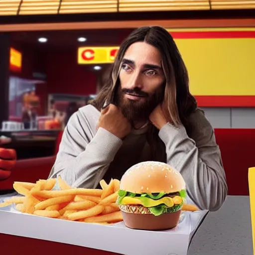 Image similar to jesus christ having his lunch break at mcdonalds, real photo