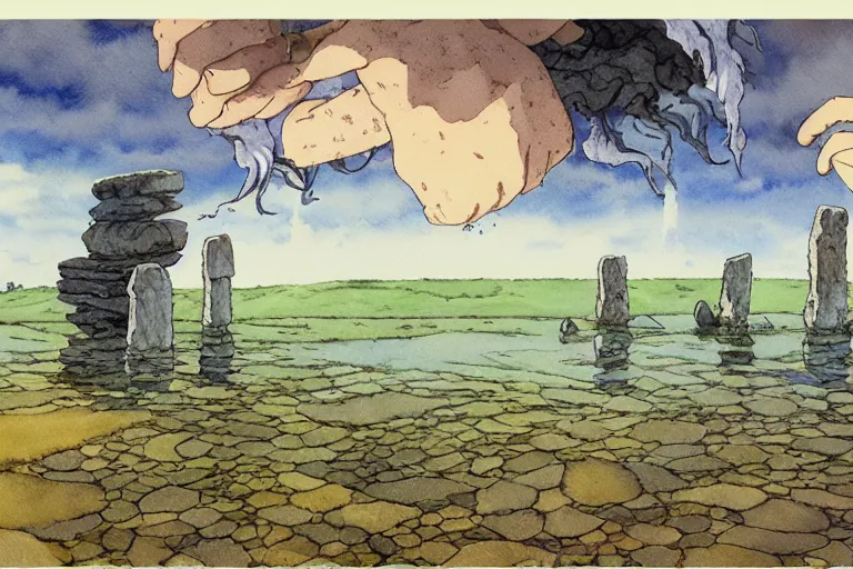 Image similar to a hyperrealist studio ghibli watercolor fantasy concept art. in the foreground is a giant lifting a stone. in the background is stonehenge. the scene is underwater on the sea floor. by rebecca guay, michael kaluta, charles vess