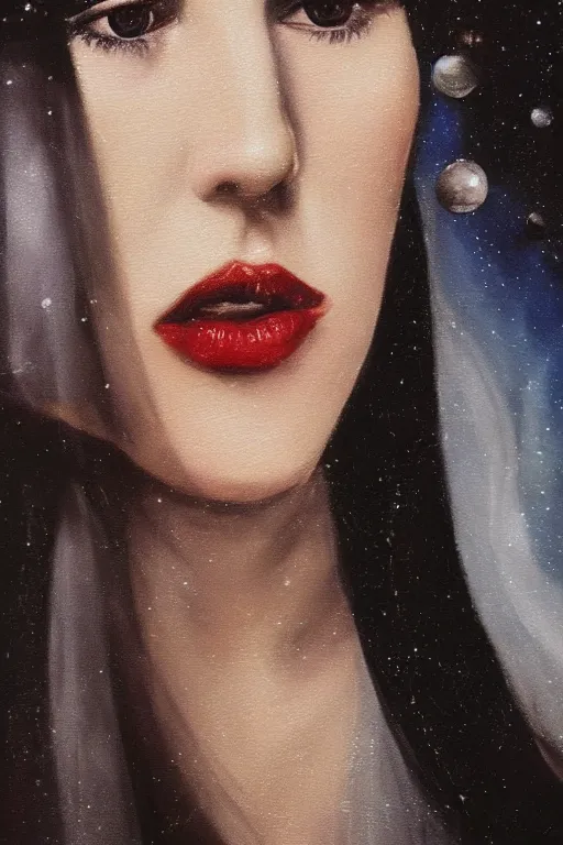 Image similar to hyperrealism oil painting, close - up portrait of isabelle adjani medieval brunette vampire fashion model, knight, steel gradient mixed with nebula sky, in style of baroque