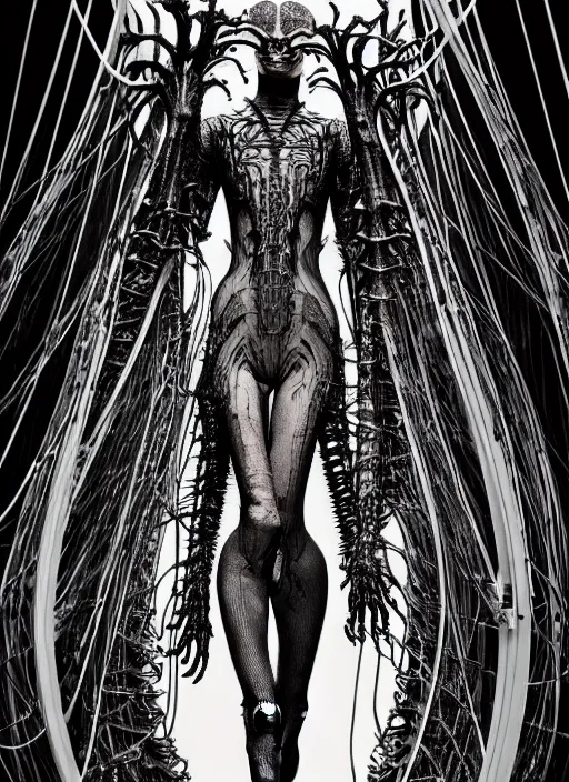 Image similar to walking down the catwalk, ben watts, show, stage, vogue photo, podium, fashion show photo, historical baroque dress dark, iris van herpen, beautiful woman, masterpiece, intricate, biopunk, vogue, full body shot, alien, plant predator, guyver, giger, wires, tubes, veins, jellyfish, white biomechanical details, highly detailed