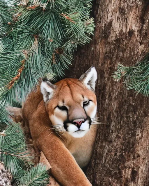 Image similar to ripped up postcard showing 'a cougar sleeping in the middle of snowy pine tree' laying on coffee table, zoomed out shot, HD, iphone capture, rips, tears