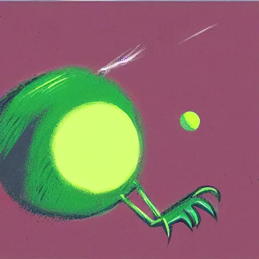 Image similar to a tennis ball monster ,tennis ball, spacetime, chalk, digital art, fantasy, magic, trending on artstation, ultra detailed, professional illustration by Basil Gogos