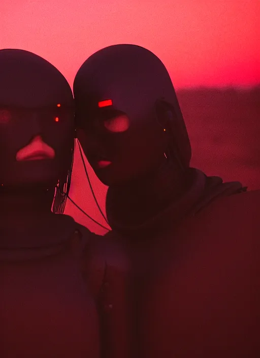 Image similar to cinestill 5 0 d 3 5 mm f / 3 2 photographic portrait of two loving female androids wearing rugged black mesh techwear on a desolate plain with a red sky, extreme closeup, modern cyberpunk, dust storm, 8 k, hd, high resolution, ultra realistic faces, ex machina, blade runner