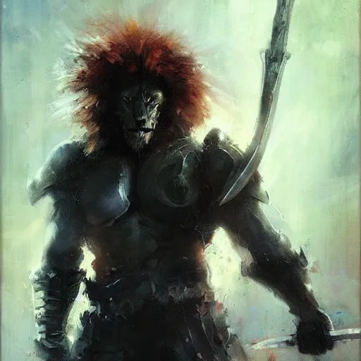 Image similar to lion - o using his sword of omens, jeremy mann painting