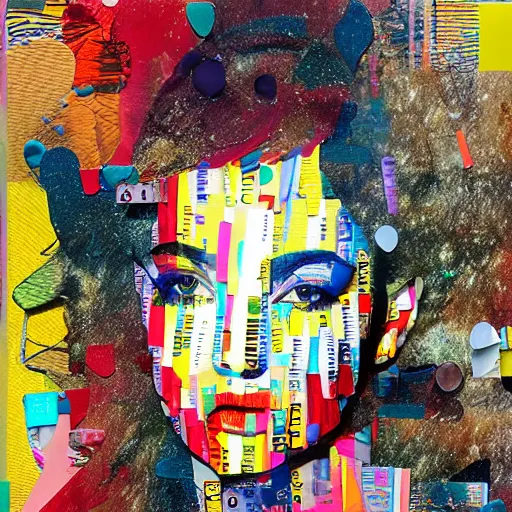 Image similar to a portrait of a young beauty constructed from collage, stickers, drop shadow, layered composition, layers, texture, mcu, highly textured, layered, sculpted, dynamic, splatter, splash, acrylic, mixed media