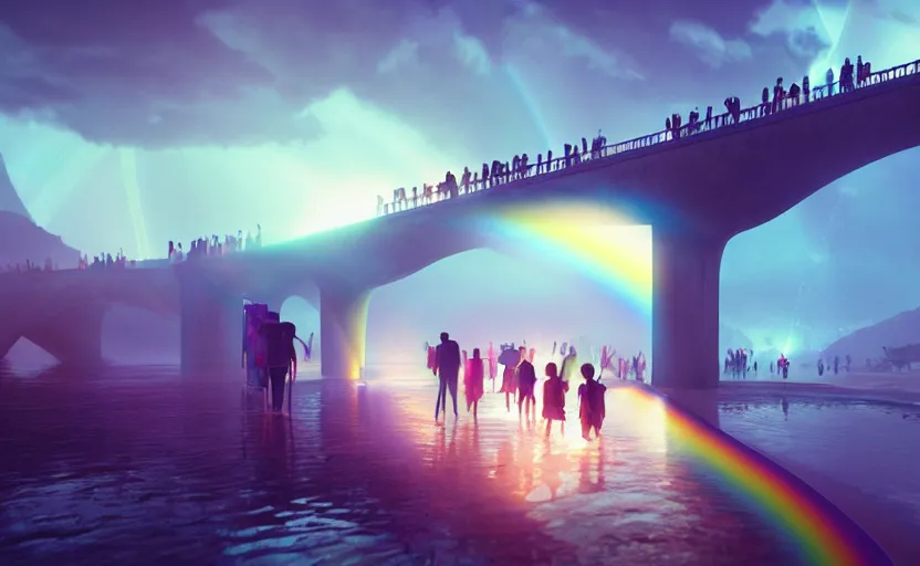 Image similar to incredible, mindblowing, refugees crossing a beautiful bridge made of rainbow hardlight, matte painting, makoto shinkai, artstation, cgsociety, dramatic lighting, concept art, octane render, arnold 3 d render