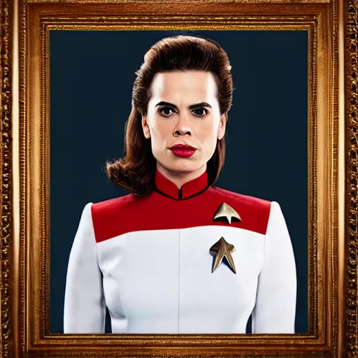 Prompt: a beautiful full body photograph of hayley atwell as a star fleet officer from star trek next generation, full dress uniform, symmetrical face, extreme realism and detail, 8 k, completely framed, direct lighting, 3 5 mm photo, photorealistic, sharp focus