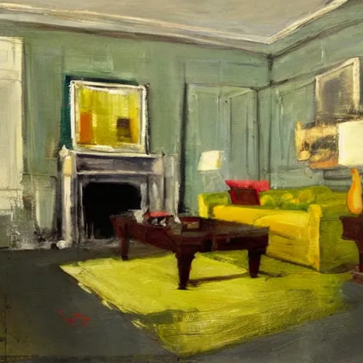 Image similar to a modern living room with green sofa, red carpet and yellow table, painting by jeremy mann