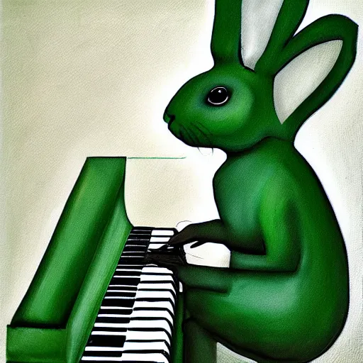 Image similar to green rabbit playing a piano hyperrealism