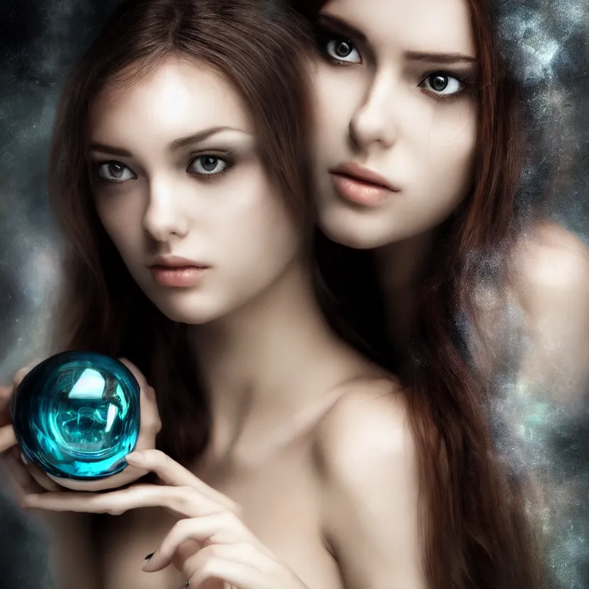 Image similar to most beautiful woman gazing into a crystyal ball she is holding, hyper attractive, seductive, very complex, hyper - maximalist, overdetailed, legendary cinematic, archetype with timeless beauty breathtaking eyes, highly intricate, realism, perspicious detail, photorealistic, lifelike, dslr 8 k, unbeatable coherency, sakimichan, deviantart