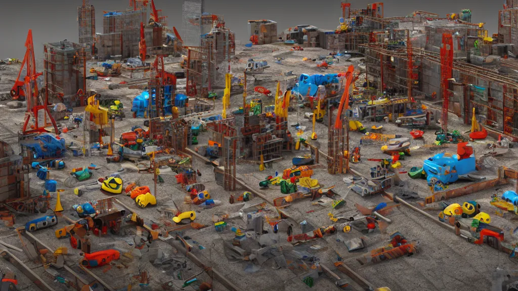 Prompt: construction site made out of toys, pipes, concept art, 3d render