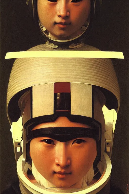 Prompt: portrait of a astronaut in samurai helmets, by bouguereau