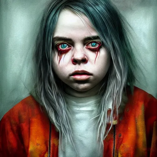 Prompt: grunge painting of billie eilish by michal karcz in the style of chucky