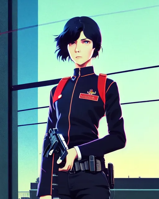 Image similar to girl wearing uniform, holding pistol at side, windy, cool pose | | audrey plaza, fine detail!! anime!! realistic shaded lighting!! poster by ilya kuvshinov katsuhiro otomo ghost - in - the - shell, magali villeneuve, artgerm, jeremy lipkin and michael garmash and rob rey