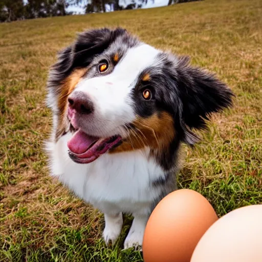 Image similar to photo of an Australian Shepherd balancing an egg on their head, award winning photography