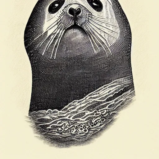 Image similar to ringed seal victorian scholar, black ink on paper, trending on artstation, beautiful, intricate, detailed