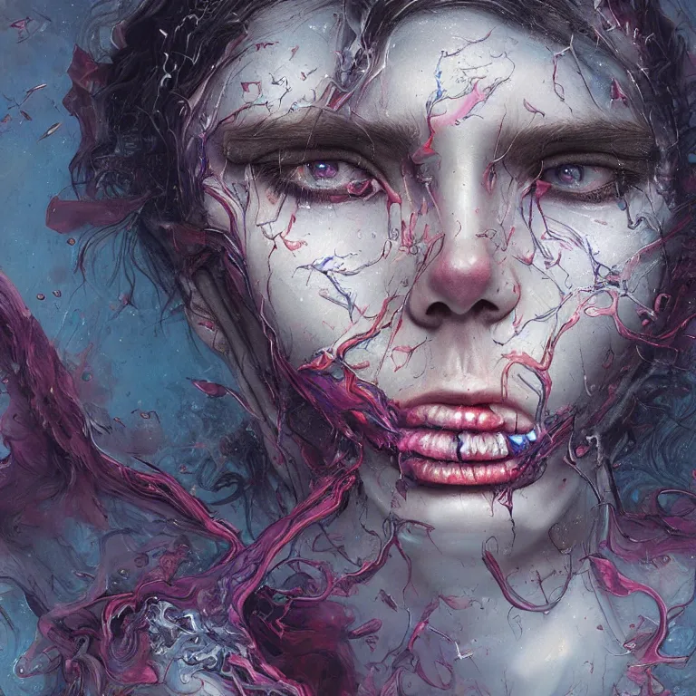 Prompt: dream portrait of the awakening of my 3rd eye,full character, melting ,8k,by tristan eaton,Stanley Artgermm,Tom Bagshaw,Greg Rutkowski,Carne Griffiths, Ayami Kojima, Beksinski, Giger,trending on DeviantArt,face enhance,hyper detailed,minimalist,horror, android, full of colour