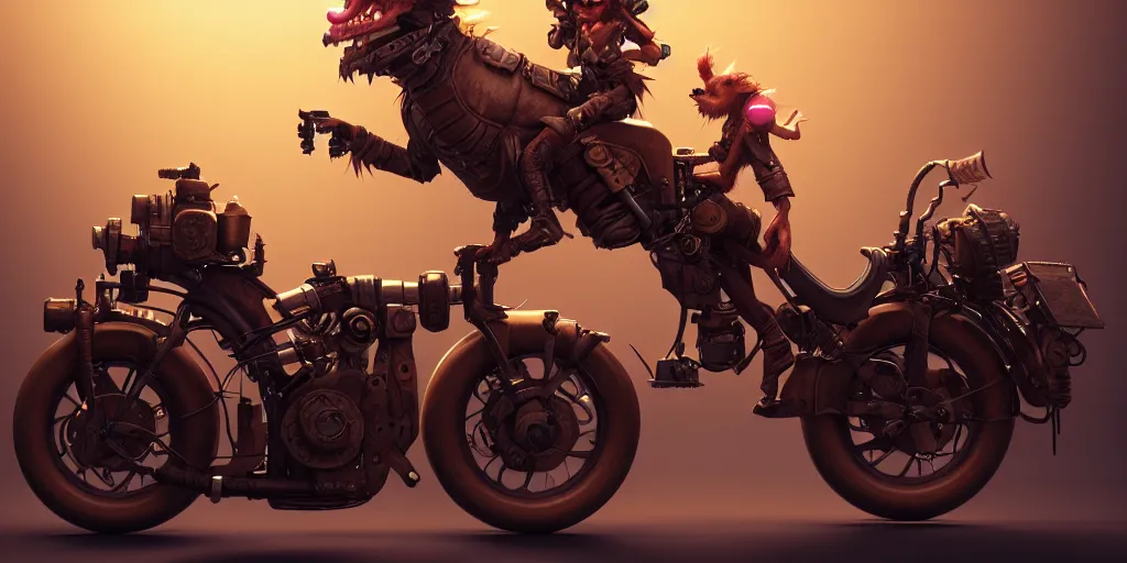 Image similar to a goblin riding a steampunk motorcycle, volumetric light, hyperdetailed, artstation, cgsociety, 8k