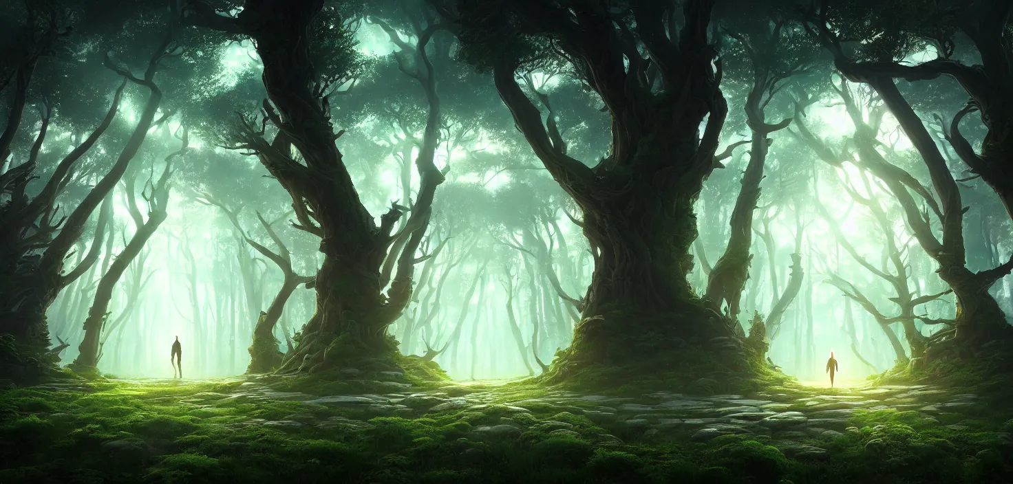 Image similar to random mystic forest huge house landscape, big glowing magic giant portal, huge central symmetrical composition, incredible, vector art, octane render, fabulous, hyper detailed, random cinematic view, no noise, global illumination, warm lighting, volumetric, godrays, vivid, beautiful, by jordan grimmer