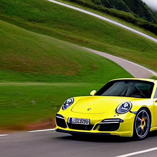 Prompt: three - quarters front view of a yellow 2 0 1 7 porsche 9 1 1 coming around a curve in a mountain road and looking over a green valley on a cloudy day.