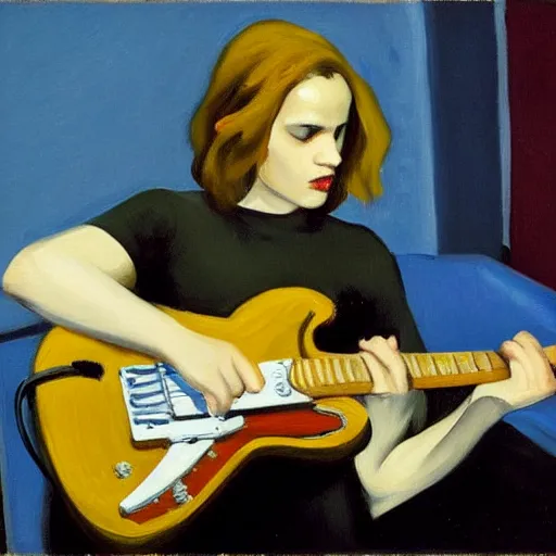 Prompt: Anna Calvi playing electric guitar, oil painting by Edward Hopper