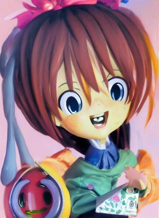 Prompt: a hyperrealistic oil panting of a kawaii anime girl figurine caricature with a big dumb grin featured on Nickelodeon by Dave McKean