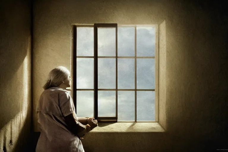 Image similar to a cinematic painting of an old female prisoner inside of jail cell looking out of a window onto a beautiful serene landscape, beautiful lighting, high depth, ultra realistic, artistic, by annie leibovitz, by gregory crewdson